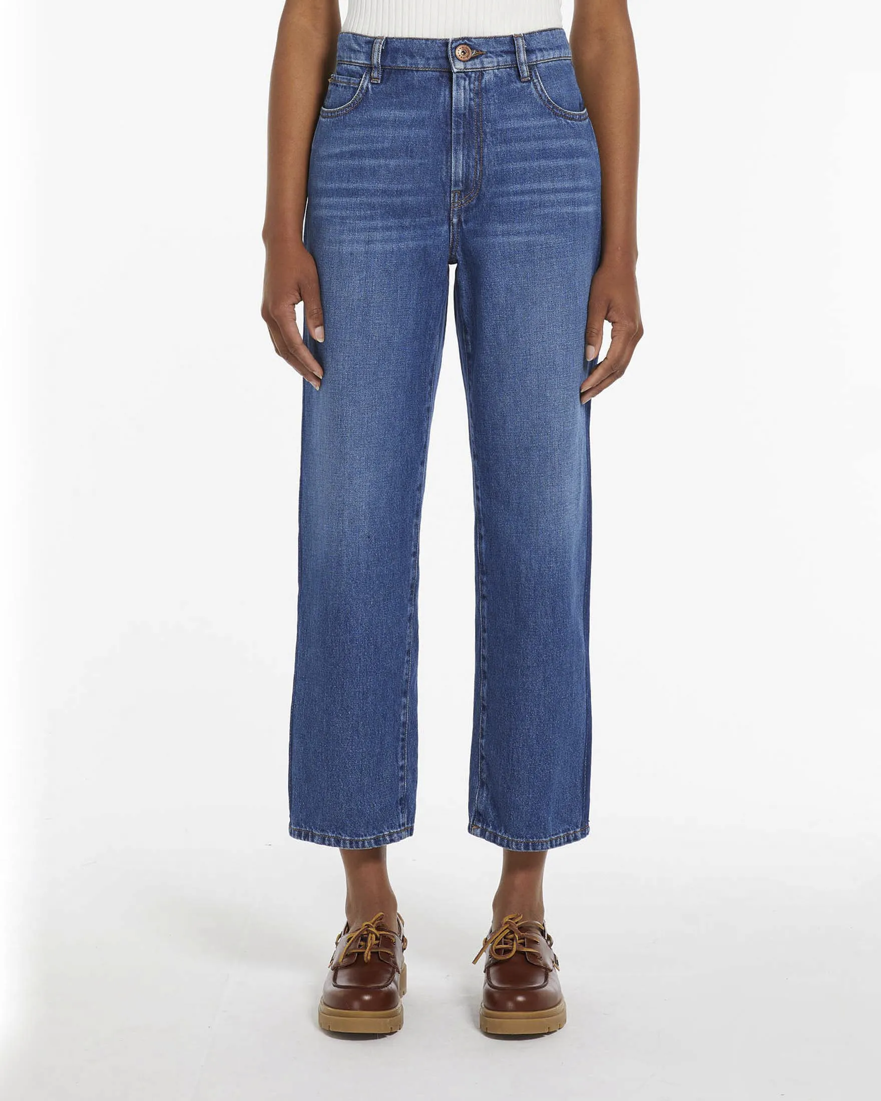 Jeans straight cotton blue super stone washed with darker side stripe